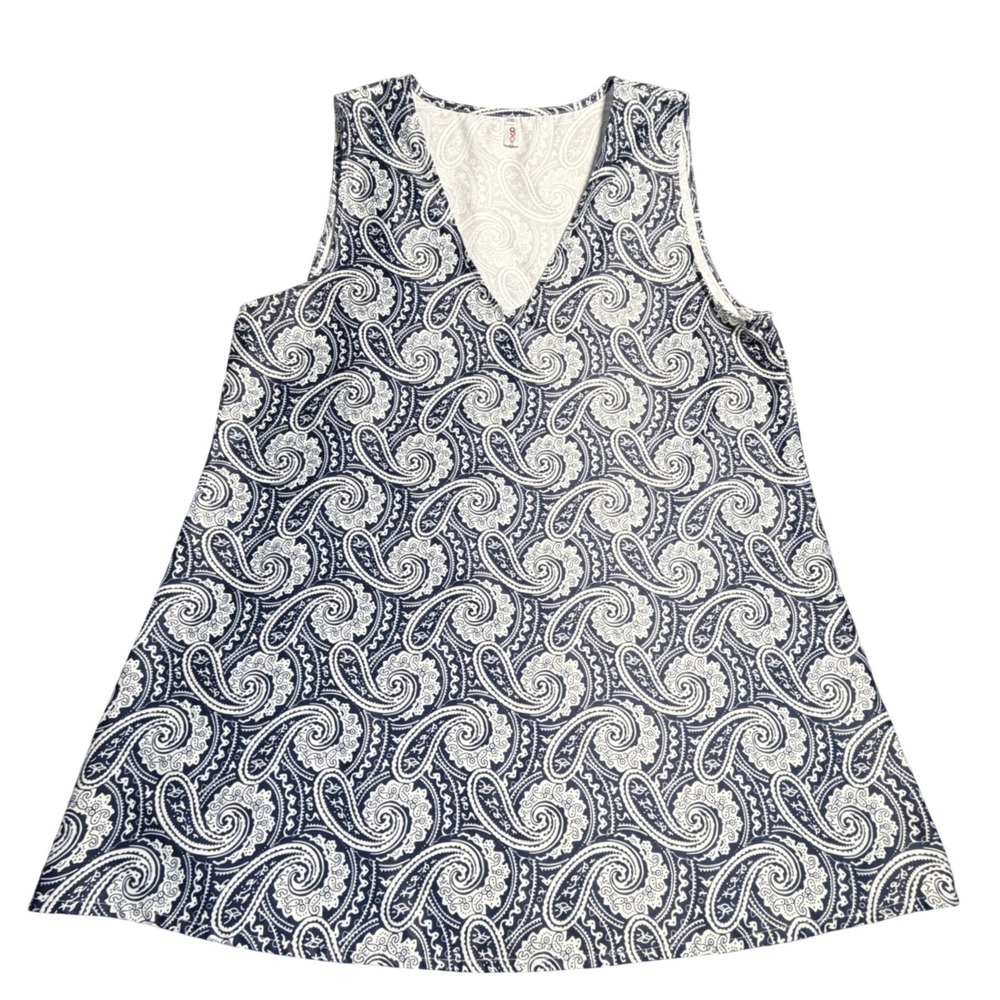 Paisley V-Neck Sleeveless Tunic Top Navy‎ Blue White Womens 2XL Boho A-Line